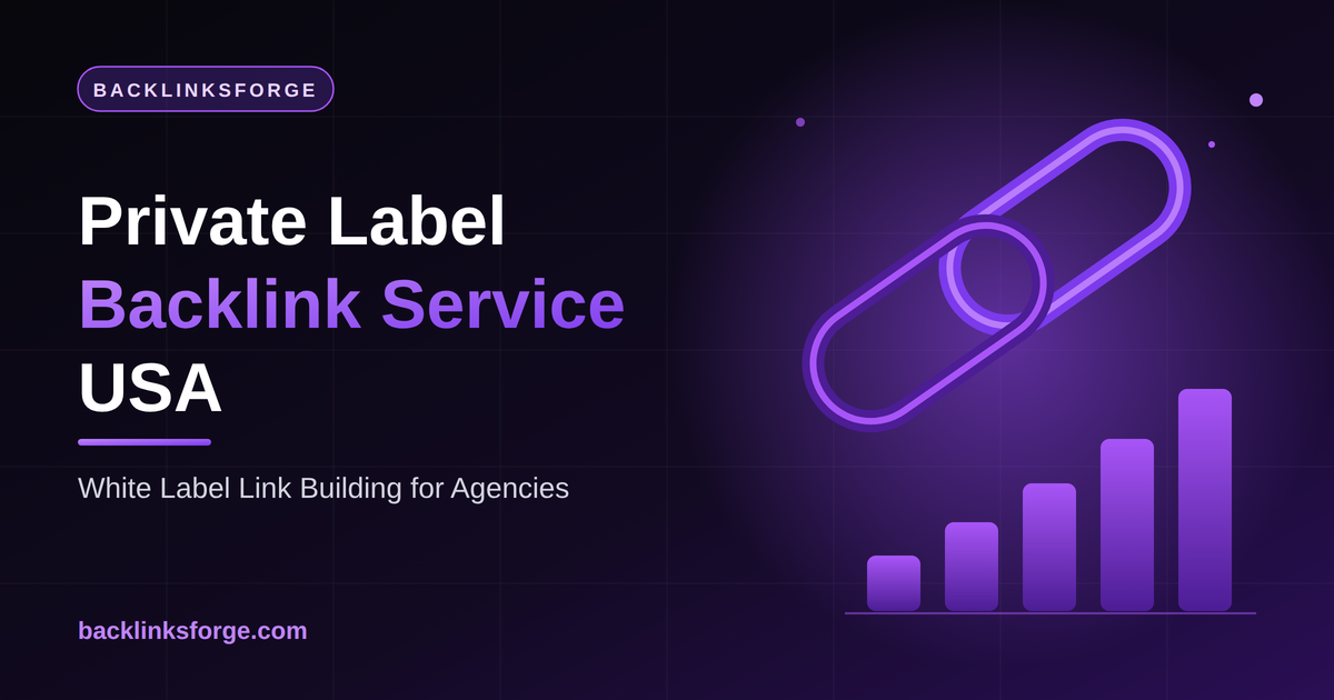 Purple chain link and rising bar chart with the title Private Label Backlink Service USA: Agency Growth Guide